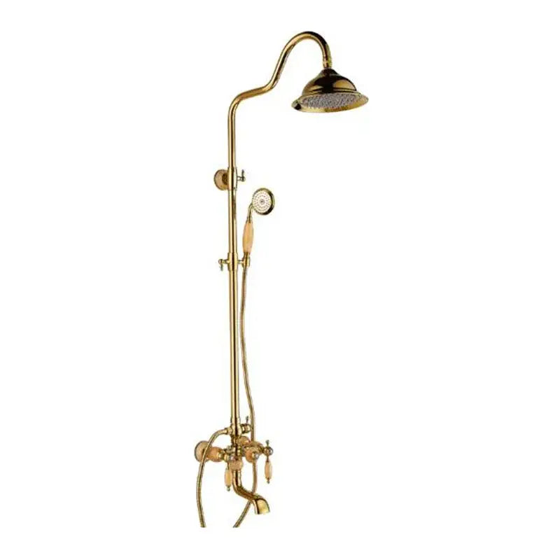 Ornate golden brass bath shower set with curved overhead rainhead and handheld spray nozzle for luxurious bathing