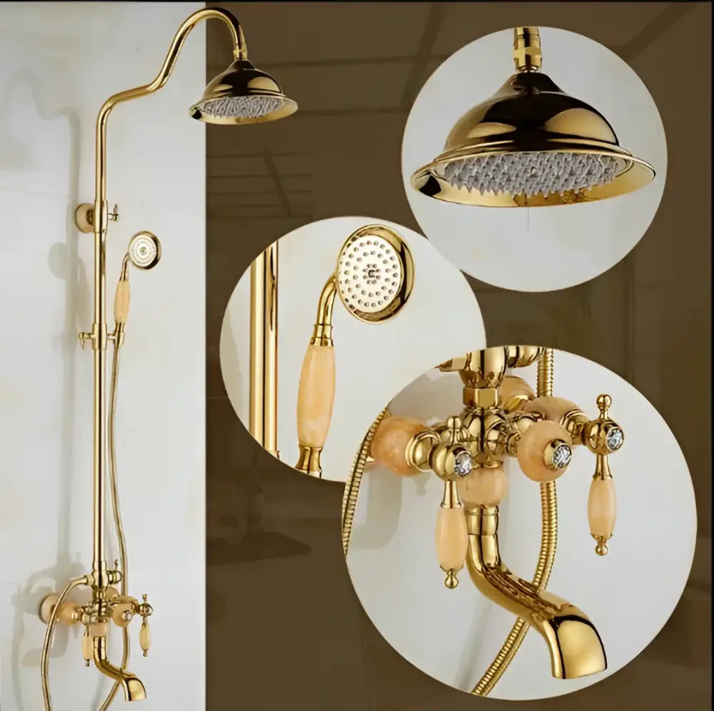 Ornate golden brass bath shower set with fixed rainhead and handheld spray head featuring crystal accents