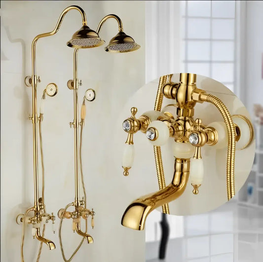 Ornate golden brass bath shower set with two overhead rainheads handheld spray and ceramic handles with crystal accents