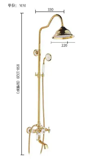 Ornate golden brass bath shower set with curved overhead rainhead and chrome accented controls for bathroom rainfall system