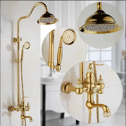 Ornate golden brass bath shower set with fixed overhead rainhead handheld spray and vintage-style wall faucet assembly