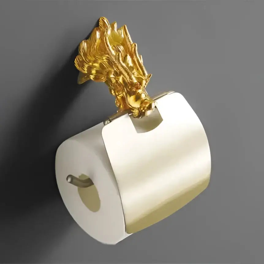 Ornate golden dragon bathroom hardware set with polished metallic finish and white ceramic includes a dragon-themed toilet paper holder