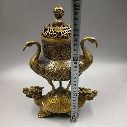 Ornate golden dragon tortoise incense burner with floral motifs, swan handles, and a detailed turtle base for decorbites dragon tortoise decor