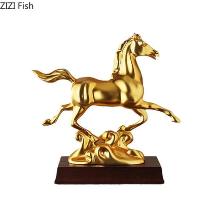 Ornate golden horse mascot resin statue with sleek polished finish on dark wooden base for living room decor