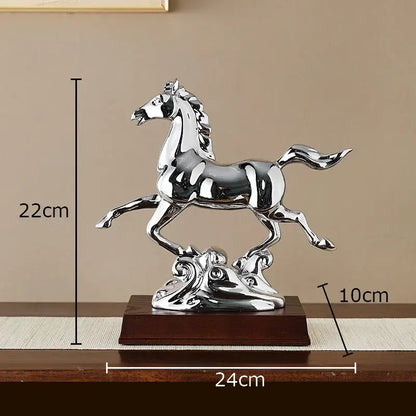 Shiny silver horse mascot figurine with polished metallic finish on ornate base for living room decor