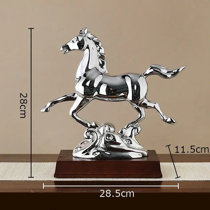 Shiny silver metallic horse mascot figurine on dark wood base for living room decor golden horse statue resin