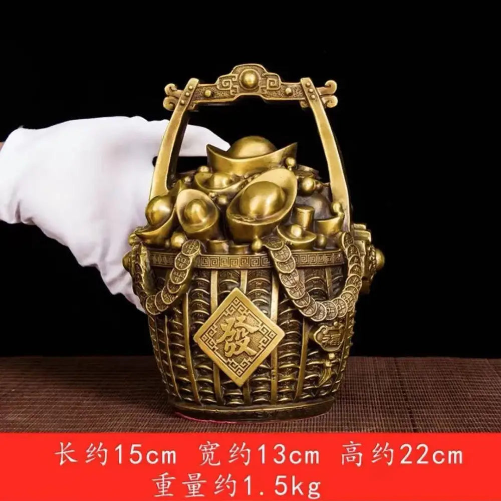 Ornate golden lattice copper treasure bowl money jar with intricate woven design and decorative Chinese plaque for decorbites