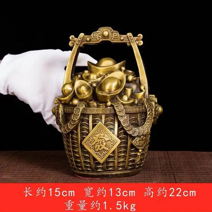 Ornate golden lattice copper treasure bowl money jar with intricate woven design and decorative Chinese plaque for decorbites