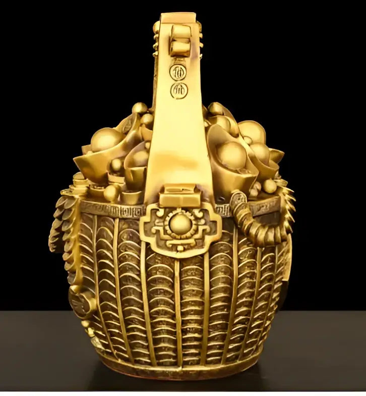 Ornate golden lattice copper treasure bowl money jar featuring intricate woven patterns and decorative handle decorbites copper treasure