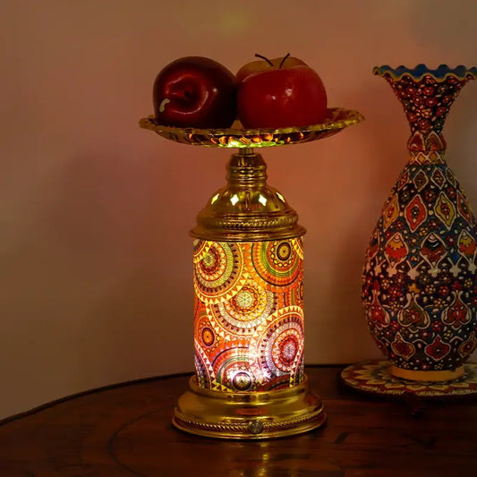 Ornate golden mosaic fruit platter desk lamp with intricate circular patterns in warm orange red and gold tones for bedroom decorbites fruit platter