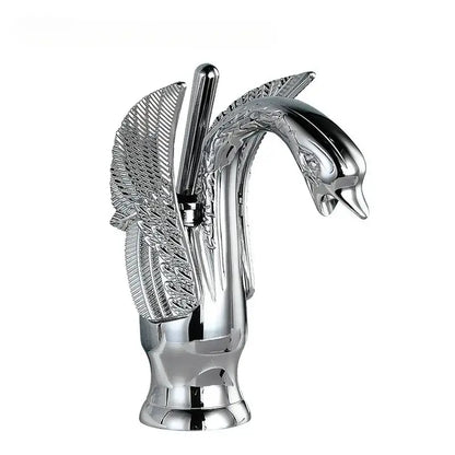 Ornate golden swan solid brass basin faucet with ceramic valve core and chrome-finished detailed wings for bathroom use