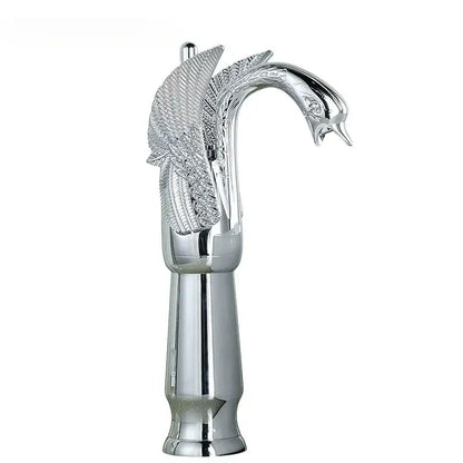 Ornate golden swan solid brass basin faucet with chrome finish ceramic valve core and detailed feathered wings design
