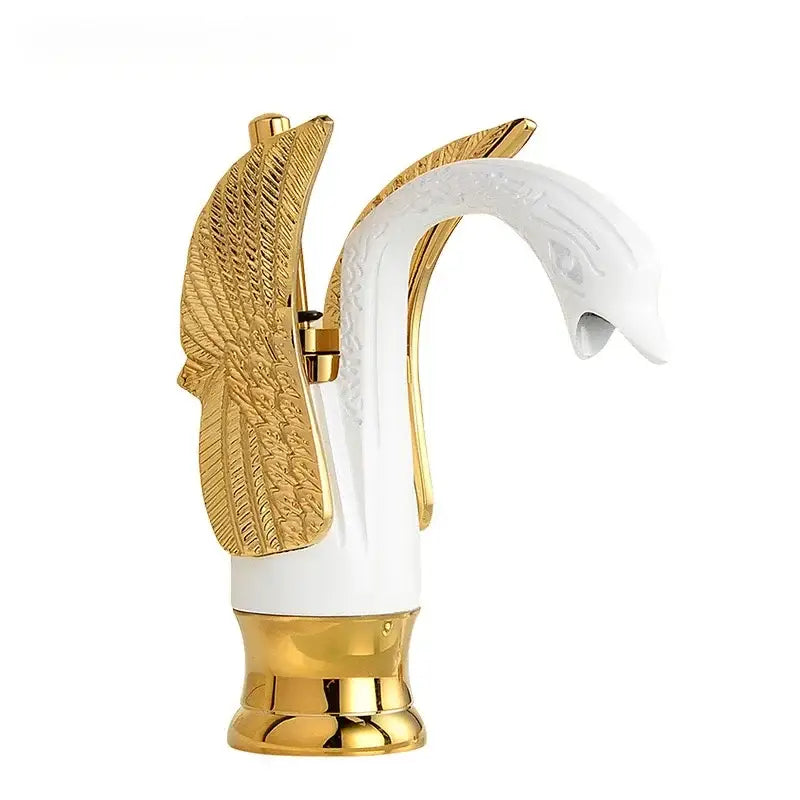 Elegant white ceramic valve core basin faucet with solid brass gold-plated swan wings and base for bathroom use