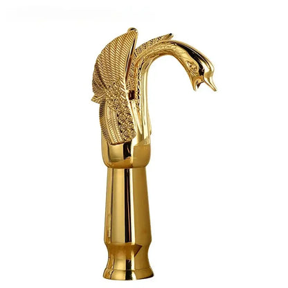 Ornate golden swan solid brass basin faucet with ceramic valve core and intricate feather detailing for bathroom use