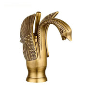 Ornate golden swan solid brass basin faucet with ceramic valve core and detailed feather patterns for bathroom use