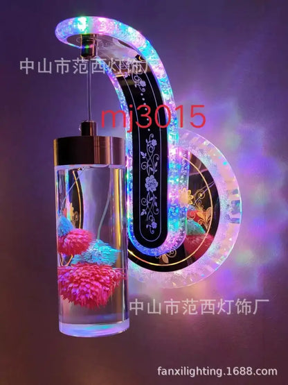 Ornate golden wheat led lights living room glass wall sconce with glowing curved fixture and colorful pressed flower decorbites