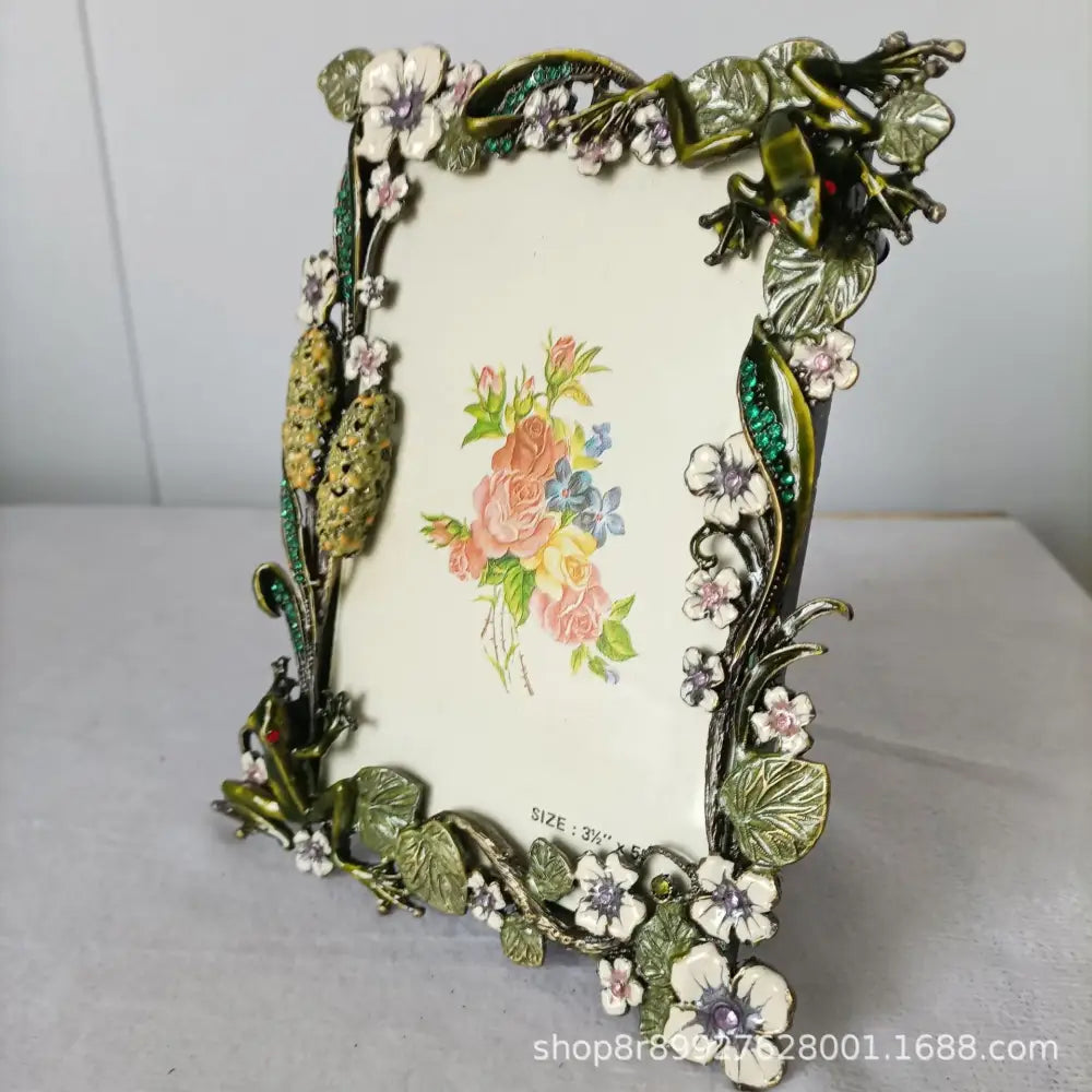 Ornate green and white frog metal photo frame with verdigris floral motifs for living room decorbites frog metal decorbites photo frame