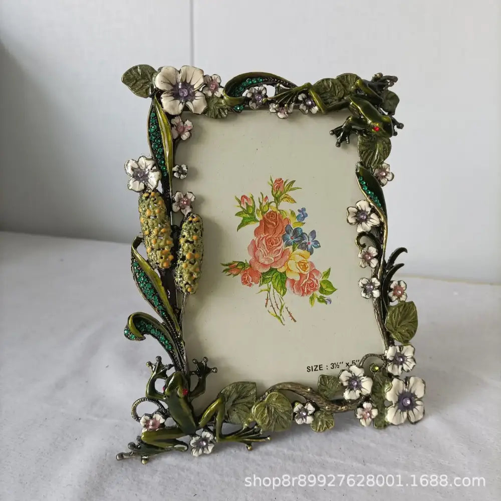 Ornate green and gold frog metal photo frame with floral patterns and sparkling decorbites frog metal embellishments for living room decor