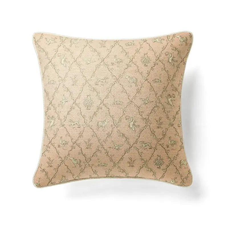 Beige cream linen cushion cover with subtle diamond pattern and guvinci horse decorative embroidery for living room decor