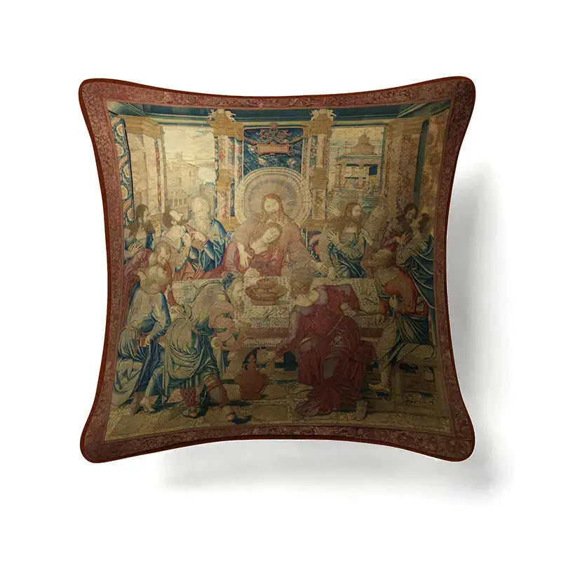 Square cushion cover with last supper tapestry design in red blue and gold on ornate brown border decorbites guvinci horse decorative