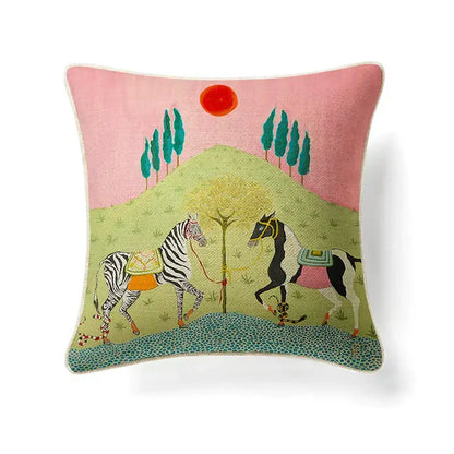 Ornate horse cream linen cushion cover with whimsical embroidered guvinci horse decorative scene for living room decorbites guvinci horse