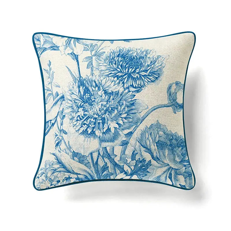 Ornate horse cream linen cushion cover with intricate blue floral pattern and teal border for guvinci horse decorative decorbites guvinci horse
