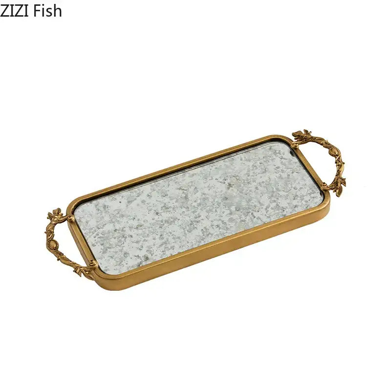 Ornate leaf handle decorbites golden mirror glass tray with gold-toned rectangular frame for bedroom jewelry organizer