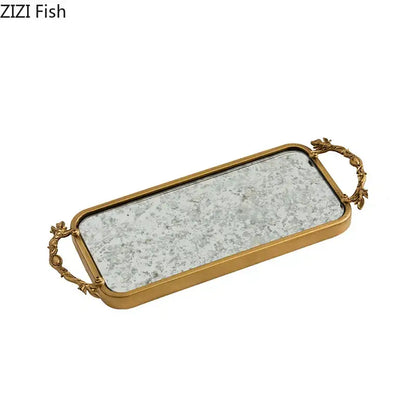 Ornate leaf handle decorbites golden mirror glass tray with gold-toned rectangular frame for bedroom jewelry organizer