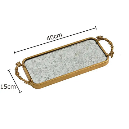 Rectangular decorbites golden mirror glass tray with ornate gold-toned leaf handles and distressed silver surface for jewelry organize