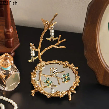Ornate leaf handle decorbites golden mirror glass tray bedroom jewelry organizer with golden branch earring stand and pearls