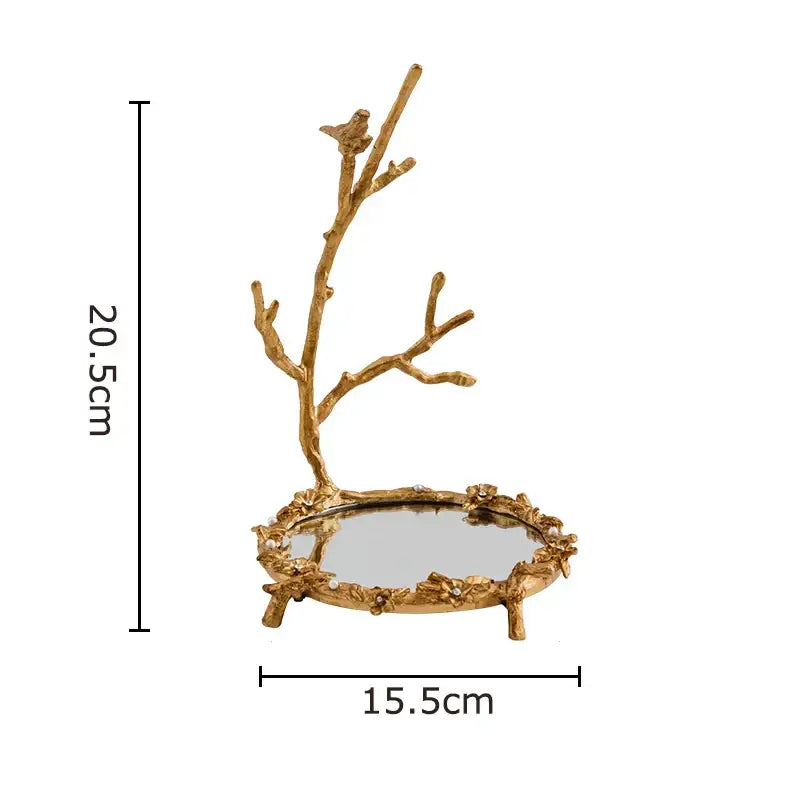 Ornate decorbites golden mirror glass tray jewelry organizer with gold-toned branch stand and floral embellishments for bedroom decor