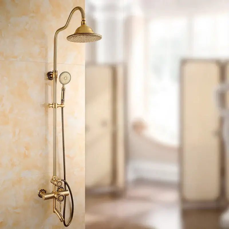 Ornate matte black brass shower faucet set with fixed overhead rainhead and handheld spray nozzle featuring intricate detailing