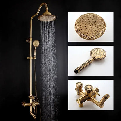 Ornate matte black brass shower faucet set with rainhead handheld sprayer and wall-mounted controls for bathroom use