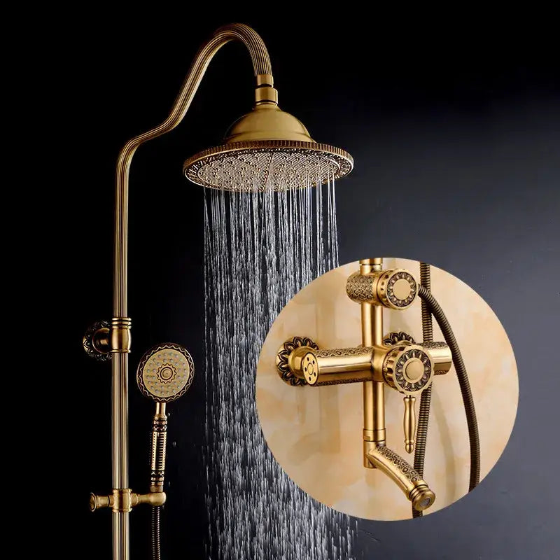 Brass-finished ornate matte black shower faucet set with rainhead and handheld includes inset wall-mounted control valve