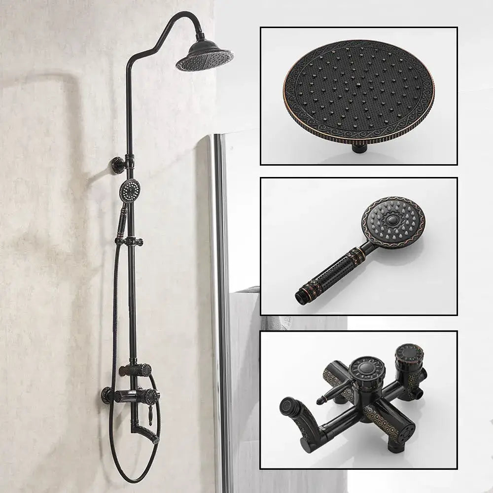 Ornate matte black antique brass shower faucet set with detailed rainhead handheld showerhead and faucet assembly