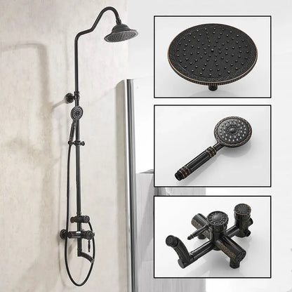 Ornate matte black antique brass shower faucet set with detailed rainhead handheld showerhead and faucet assembly