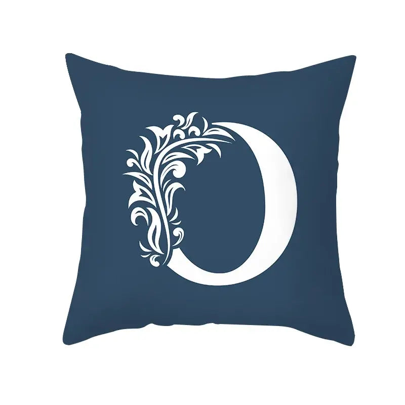 Navy blue throw pillow with white ornate letter o design decorbites blue letter pillowcase for living room decor