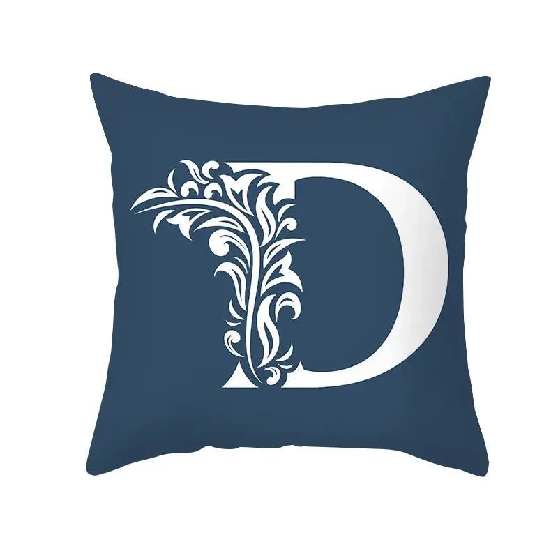 Ornate navy blue letter pillowcase with a large white floral d for living room decorbites blue letter cushion cover