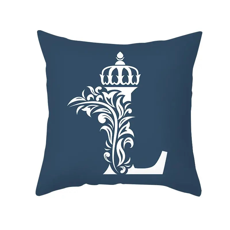 Navy blue throw pillow with white ornate letter l and crown detailing in decorbites blue letter pillowcase design
