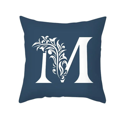 Ornate navy blue letter pillowcase with white floral monogram m for living room decorbites blue letter cushion cover