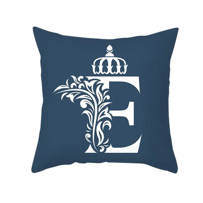 Ornate navy blue letter pillowcase with white e and crown design for living room decorbites blue letter cushion cover