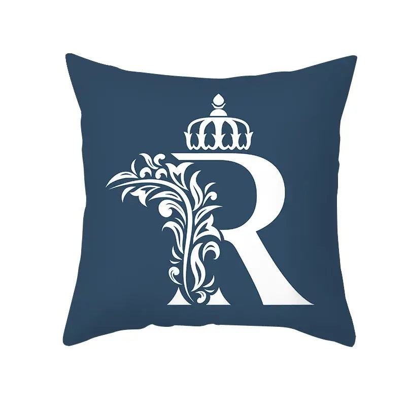 Navy blue letter pillowcase featuring a white ornate r and crown design for living room decorbites blue letter decor