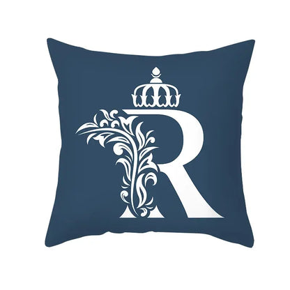 Navy blue letter pillowcase featuring a white ornate r and crown design for living room decorbites blue letter decor