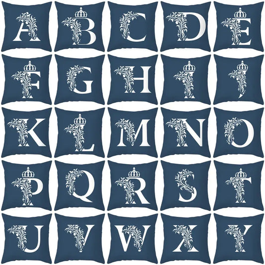 Navy blue cushion cover with white ornate letter and crown design decorbites blue letter pillowcase for living room decor