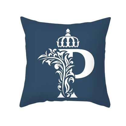 Ornate navy blue throw pillow with white decorative letter p crown and floral design decorbites blue letter pillowcase