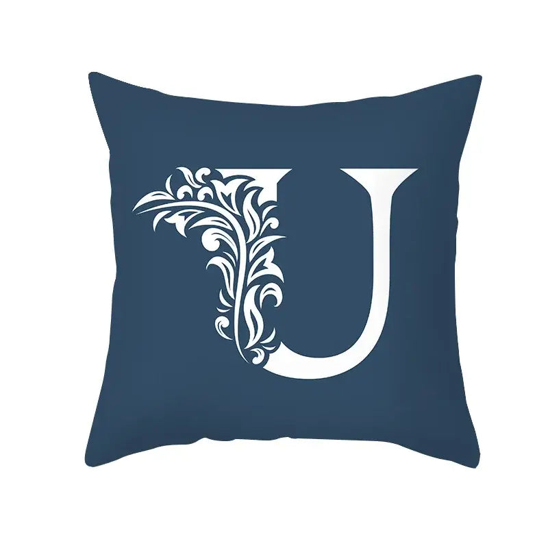 Navy blue throw pillow with white ornate letter u featuring floral design for decorbites blue letter pillowcase decor