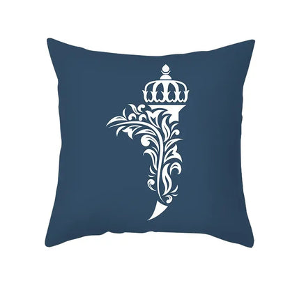 Navy blue throw pillow with white ornate crown and floral design decorbites blue letter pillowcase for living room decor