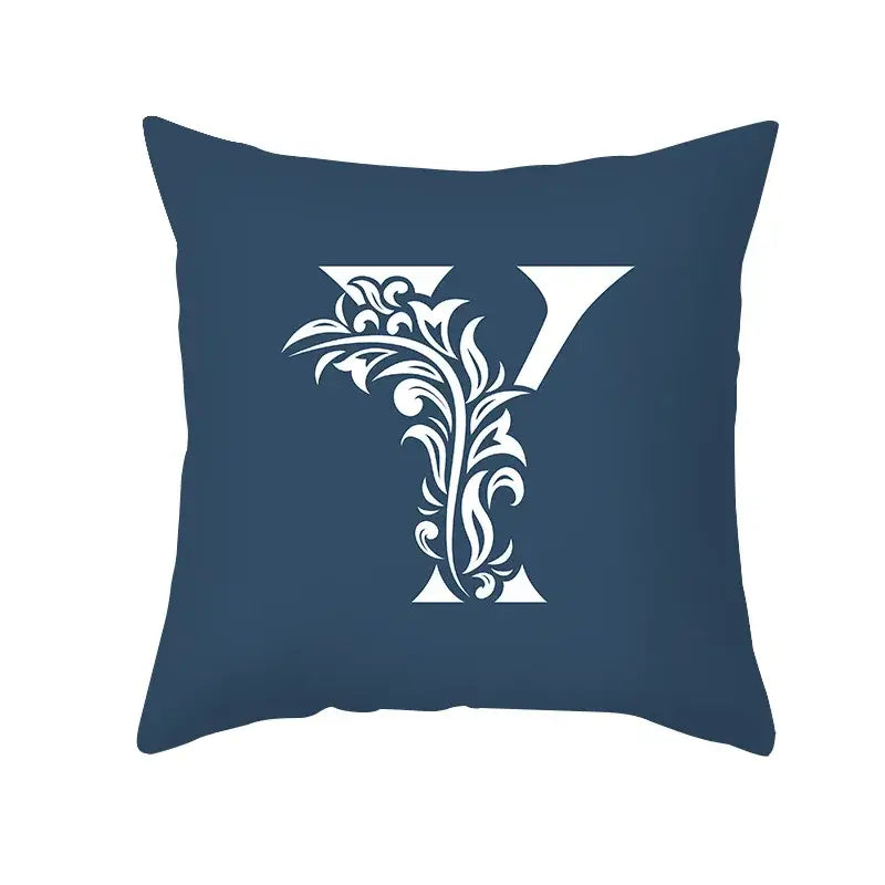 Ornate navy blue letter pillowcase with white floral y monogram for living room decorbites blue letter cushion cover