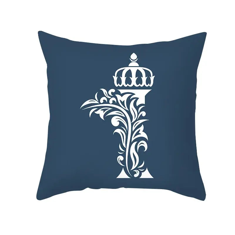 Ornate navy blue letter pillowcase with white crown t design for living room decorbites blue letter cushion cover