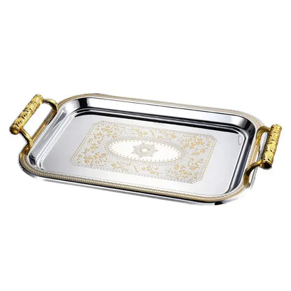 Rectangular silver serving tray with gold-toned handles and ornate floral pattern for decorbites ceramic animal display